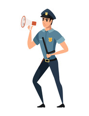 Police officer yelling through a megaphone wearing dark blue pants light blue shirt cartoon character design flat vector illustration