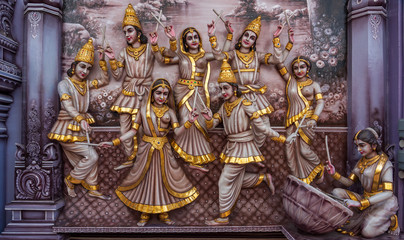 Colourful statues of Hindu religious deities in Hindu temple in Singapore	