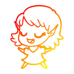warm gradient line drawing happy cartoon elf girl