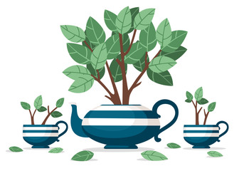 Blue ceramic teapot and two cup with tea bush growing out of it flat vector illustration on white background