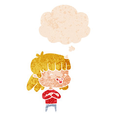 cartoon girl sticking out tongue and thought bubble in retro textured style