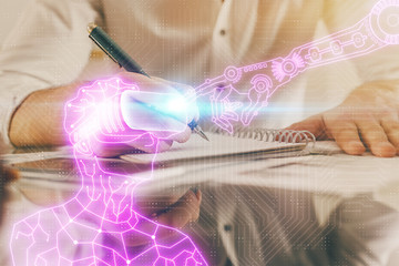 Fototapeta premium Abstract man wearing augmented reality headsets computer science work. AR concept. Double exposure.