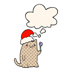 cute cartoon christmas cat and thought bubble in comic book style