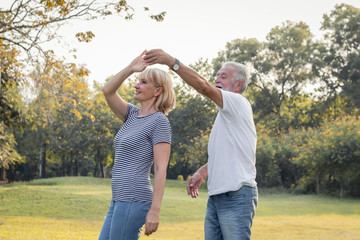 Fototapeta premium Senior couples dance together in the park.