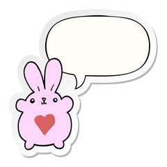 cute cartoon rabbit and love heart and speech bubble sticker