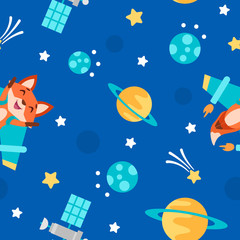 Seamless vector pattern. Jet fox flying in open space, galaxy, cyber reality, virtual reality. Vector illustration