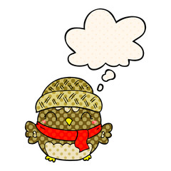 cute cartoon owl in hat and thought bubble in comic book style