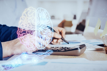 Man with multi exposure brain theme icons.