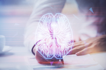 Man with multi exposure brain theme icons.