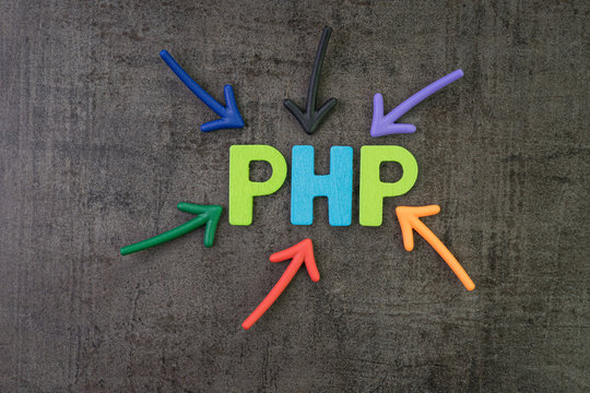 PHP modern programming language for software development or application concept, multi color arrows pointing to the word PHP at the center of black cement chalkboard wall