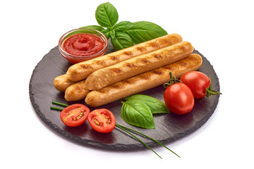 Grilled chicken sausages, close-up, isolated on white background
