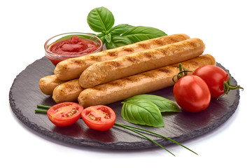 Grilled chicken hot dog sausages, close-up, isolated on white background