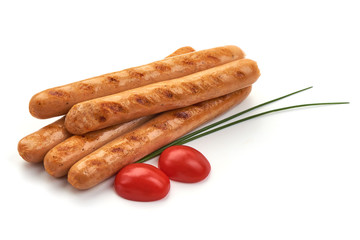 Grilled chicken sausages, close-up, isolated on white background