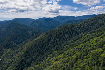 Seen from a bird's eye view, a forest covers the hills surrounding Ashland, a quaint city in southern Oregon. This area is known for mountain biking and the Oregon Shakespeare Festival.