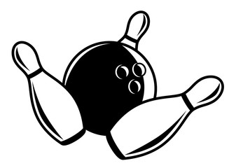 Monochrome bowling ball and falling pins