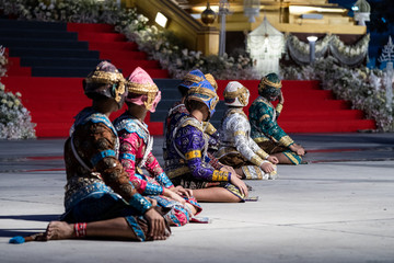 Ramayana pantomime story dancing and acting on the ground by Thai students in Thai Temple