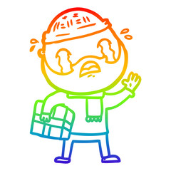 rainbow gradient line drawing cartoon bearded man crying with christmas present
