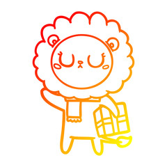 warm gradient line drawing cartoon lion with christmas present