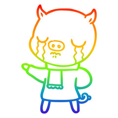 rainbow gradient line drawing cartoon crying pig wearing scarf