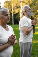 Beautiful senior couple is working out in the park