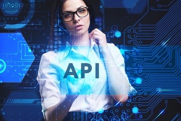 The concept of business, technology, the Internet and the network. A young entrepreneur working on a virtual screen of the future and sees the inscription: API