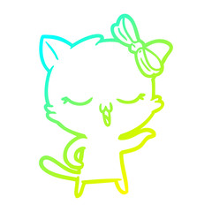 cold gradient line drawing cartoon cat with bow on head