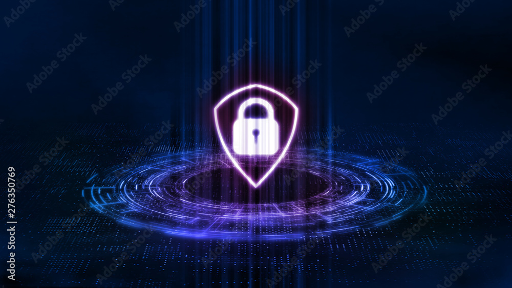 Wall mural 3d rendering of red shield logo on glow circuit hud background. concept of business security. corpor