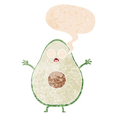 cartoon avocado and speech bubble in retro textured style