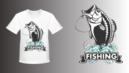Bass fiishing logo for sport club. Bass fish with rod club emblem. Fishing theme vector illustration.