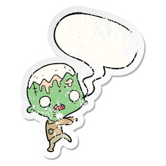cute cartoon zombie and speech bubble distressed sticker