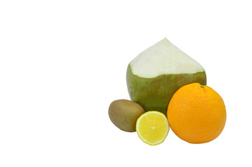tropical fruits copy space for text group of coconut fresh lemon round kiwi and big orange isolated white background