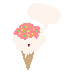 cartoon ice cream and speech bubble in retro style