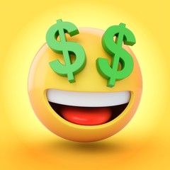 3D Rendering Rich emoji isolated on yellow background