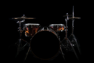 Drum Set On A Stage At Dark Background. Musical Drums Kit On Stage. - obrazy, fototapety, plakaty