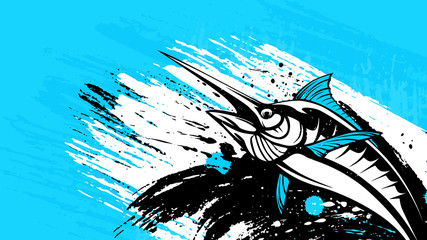 Fototapeta na wymiar Marlin fish logo.Sword fish fishing emblem for sport club. Angry marlin fishing background theme vector illustration. Water splash. Grunge background. Paint stains.