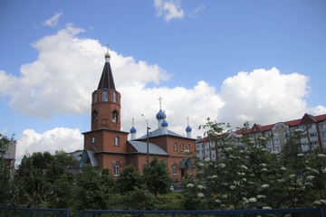 Spring landscape with a view of the church in the city of Kanash, Chuvashia