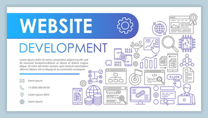 Website development banner, business card template. Programming and coding. Company contacts with phone, email linear icons. SEO, site optimization. Presentation, web page idea. Corporate print layout