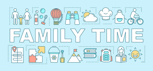 Family time word concepts banner. Activities with kids. Books reading. Bike ride. Cooking. Presentation, website. Isolated lettering typography idea, linear icons. Vector outline illustration