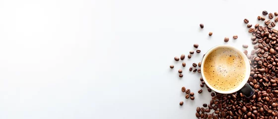 heißer espresso und kaffeebohne auf weißem tisch mit weichzeichner und überlicht im hintergrund. Ansicht von oben © memorystockphoto
