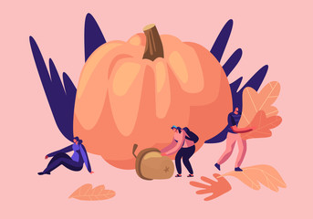 Outdoors Activities in Autumn Season, Happy Male and Female Characters Spend Time Pick Up Fallen Yellow Leaves for Herbarium, Pumpkin Crop, Acorn