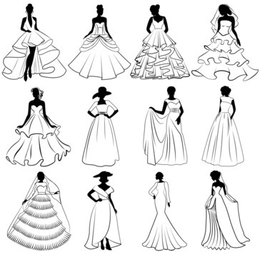 illustration set of brides silhouettes in wedding dress