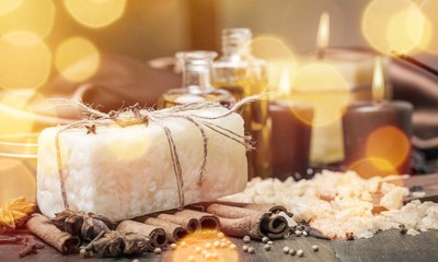 Spa and Wellness Setting, Healthy soap and candle fire