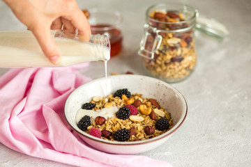 Granola with yogurt, honey and berries. Breakfast with berries and nuts. The correct breakfast. Delicious dish in the morning