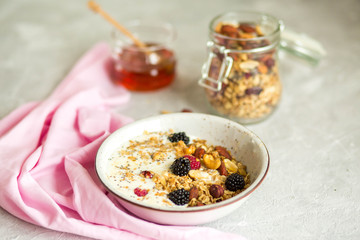 Granola with yogurt, honey and berries. Breakfast with berries and nuts. The correct breakfast. Delicious dish in the morning