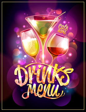 Drinks menu design concept with cocktails and disco sparkles
