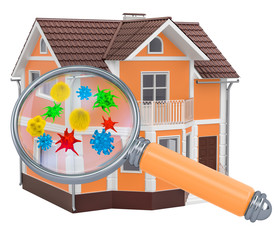 Home with germs and bacterias under magnifying glass. 3D rendering