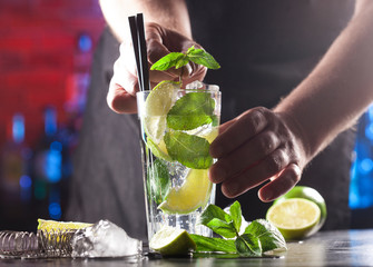 Closeup of barman making mojito cocktail on a bar lights background. Ingredients and utensils.