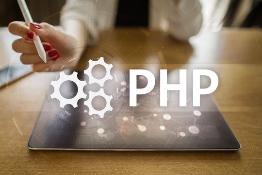 PHP, Web development concept on virtual screen.