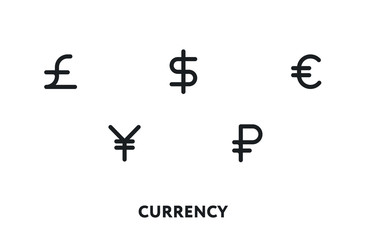 World Currency Symbols. Pound, Dollar, Ruble, Euro, Yuan. Vector Flat Line Icon Illustration.