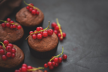 Chocolate muffins decorated red currant berries on dark wooden background. Flat lay. Soft focus